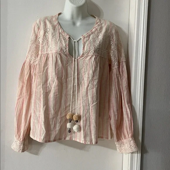 LoveShackFancy Pink Striped Blouse with Lace and Pom-Poms - Picture 2 of 8